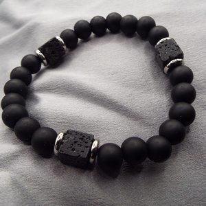 BLACK UNPOLISHED OBSIDIAN BEADS & ROUGH VOLCANIC ROCK BEADS STRETCHY BRACELET 35